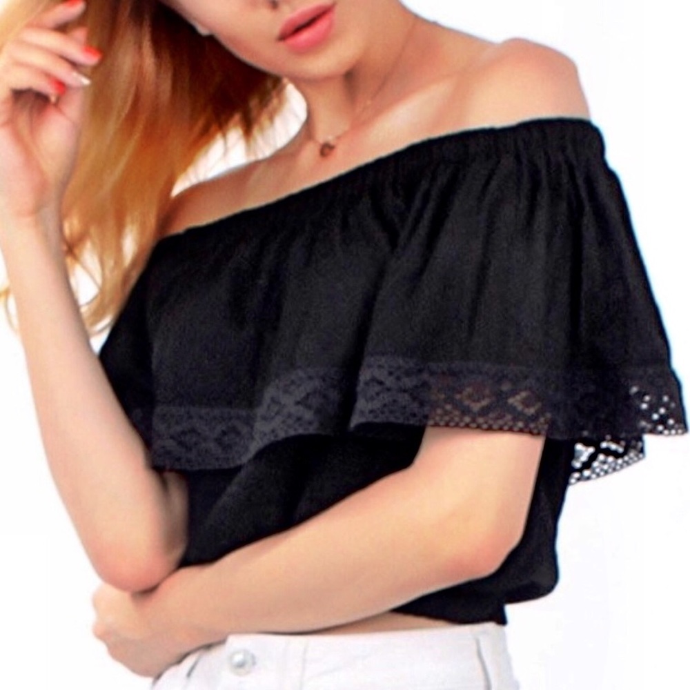 Sexy Open Off-Shoulder Black Ruffled Beach Top - Picture 2 of 4