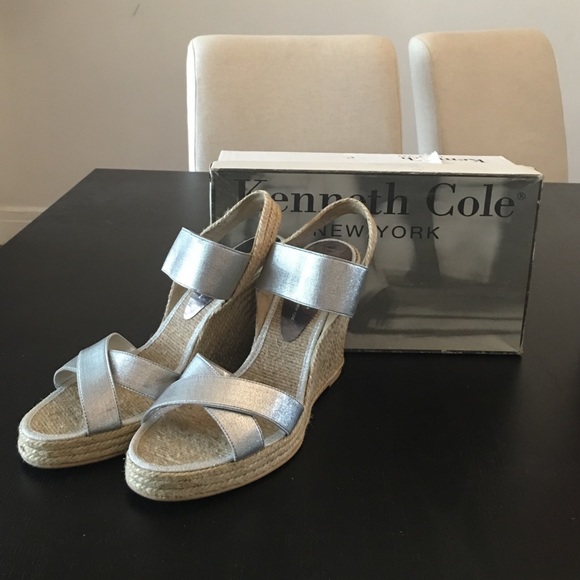 Kenneth Cole Silver Espadrilles Wedge Sandals