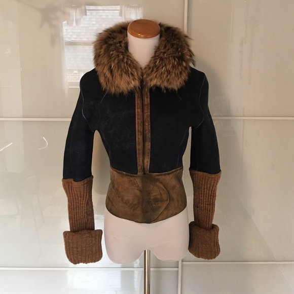 Blue/tan denim style fur jacket size 0/2, XS
