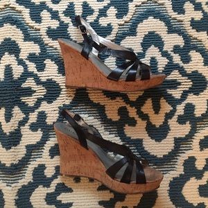 Guess Black Leather Cork Screw Wedge Sandals
