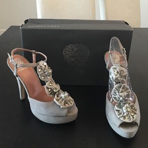 Vince Camuto Tan Suede Peep Toe Sandal