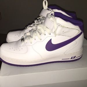 Purple and white mid cut Air Force ones