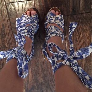 HM Blue Floral Espadrille Wedges-Size 6