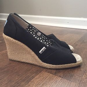 TOMS Black Peep Toe Wedges