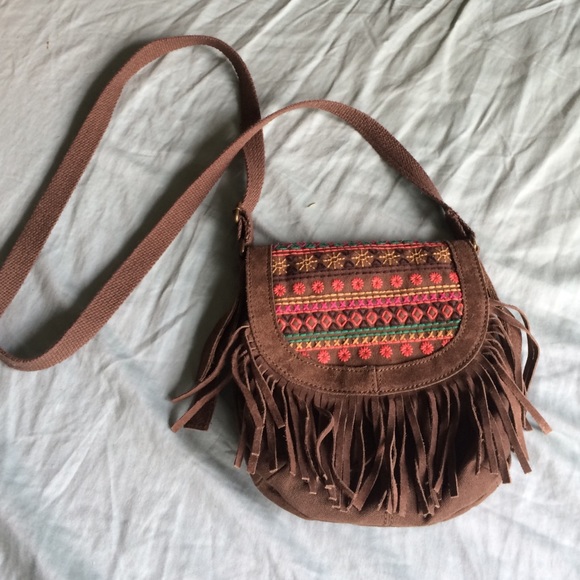 Brown fringe cross body bag embroidered like new