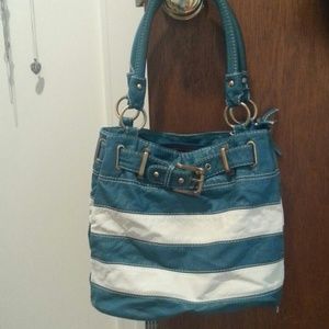Teal and white striped purse
