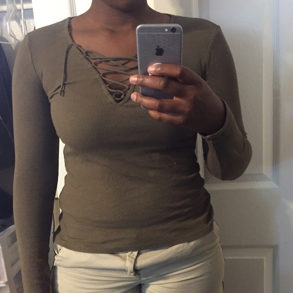Express Tops - Express: Olive Lace Up Knit Top