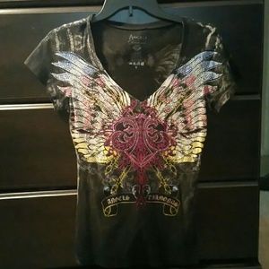 Black V-neck t-shirt with rhinestones