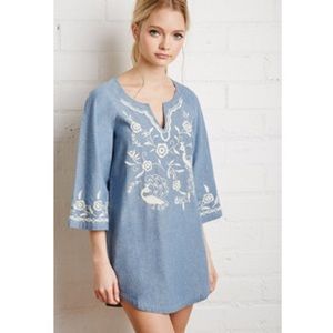 Embroidered Denim Shift Dress