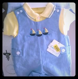 baby boy short overall with sailboats