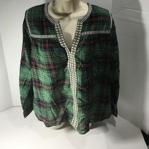 J. Crew Embroidered Green Peasant Plaid Blouse Top