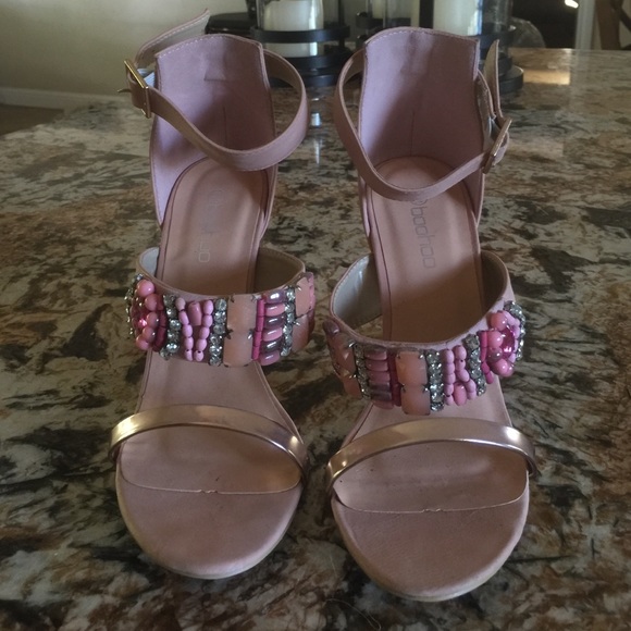 Nude and gold Boohoo heals with pink rhinestones!