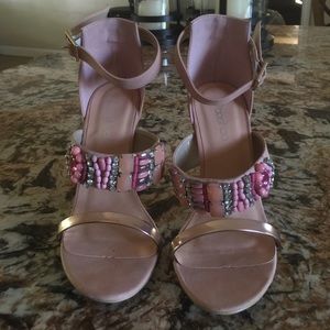 Nude and gold Boohoo heals with pink rhinestones!