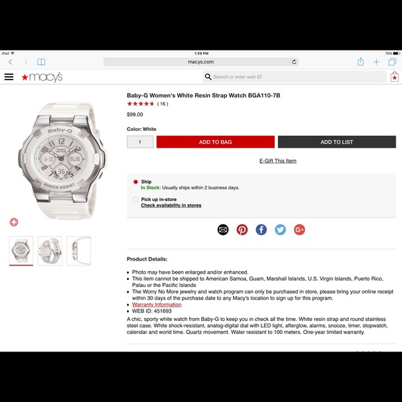 Baby-G Shock White Resin Strap Watch BGA110-7B