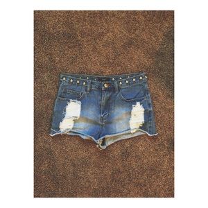 Studded Destroyed Denim High Waisted Short