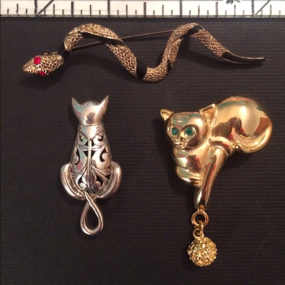 Set of Cat and Snake Brooches