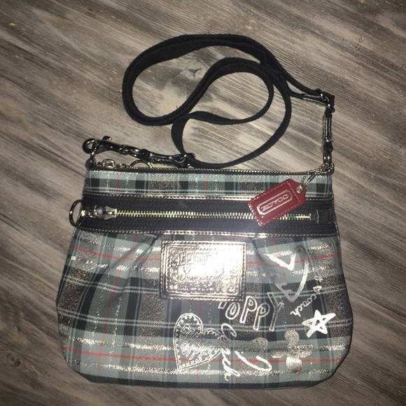 Coach, Poppy Tartan Plaid Graffiti in blue/silver