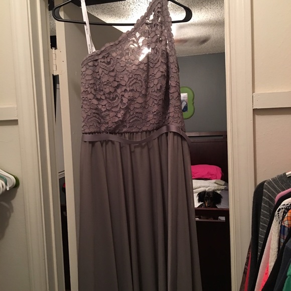 Grey lace one shoulder bridesmaid dress