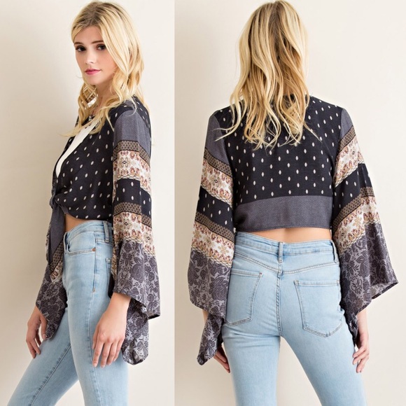 Cropped Tie Front Bell Sleeve Cardigan - Picture 2 of 4