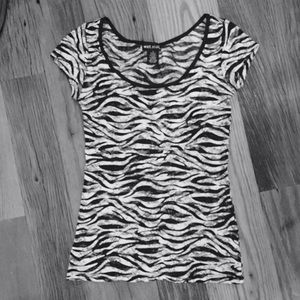 Zebra print, lace-patterned mesh top.