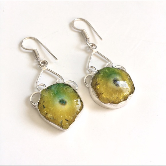 Lemon-Lime Agate Slice Drop Earrings