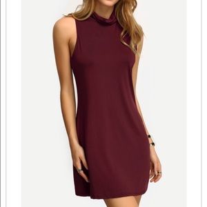 Burgundy High Mock Turtle Neck Shift Dress