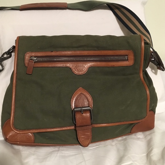 Brooks Brothers Green Canvas Leather Messenger Bag