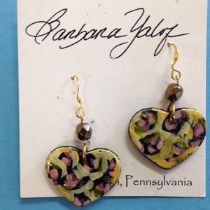 Hand painted dangling earrings heart shape light wood