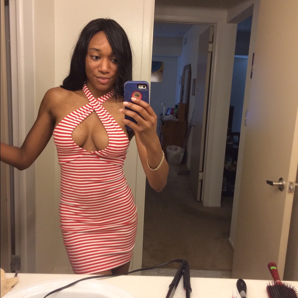 Red and white striped mini halter dress