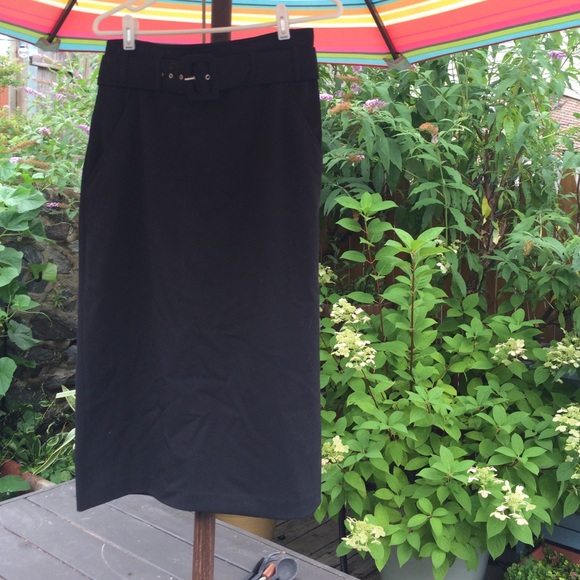 Black, belted, midi pencil skirt