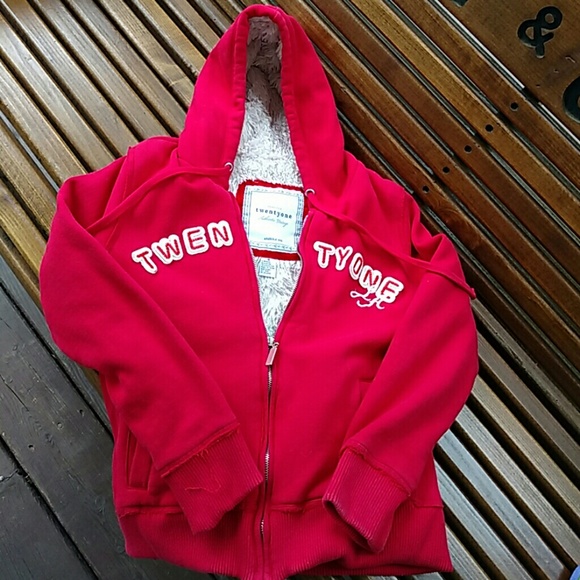 21 twenty-one faux fur lined jacket hoodie red M - Picture 1 of 3