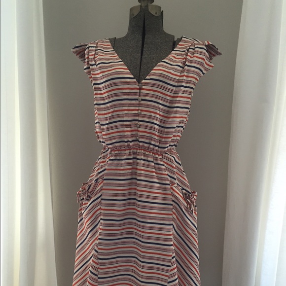 White, blue and orange striped dress