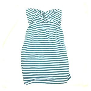 Teal and white striped strapless beach dress
