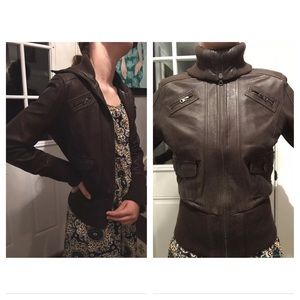 Georgiou Studio Brown Leather Bomber Jacket, Sz 6