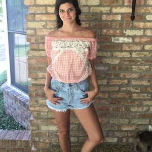 FreePeople Off the Shoulder Pink And Lace Top