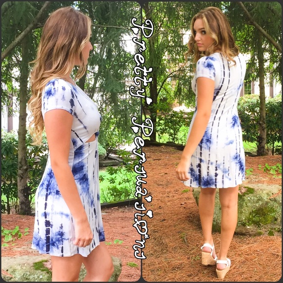 SOLD Blue Tie Dyed Knot Front Cut Out Mini Dress - Picture 3 of 4