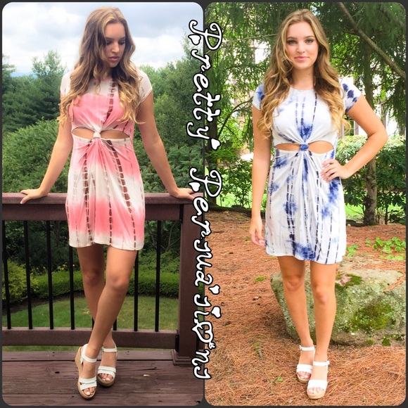 SOLD Blue Tie Dyed Knot Front Cut Out Mini Dress - Picture 4 of 4