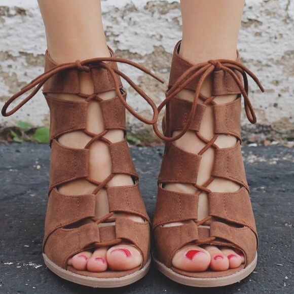Cognac nubuck lace up caged peep toe heels - Picture 3 of 4