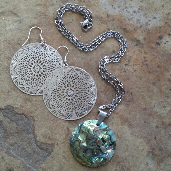 Abalone Shell Necklace & Metal Earring Bundle