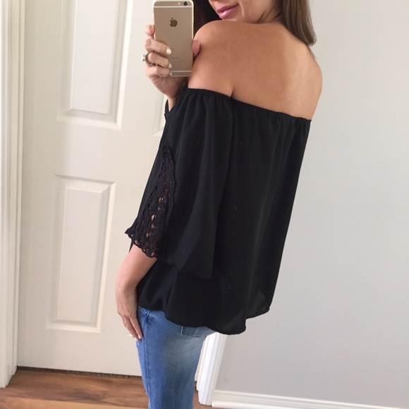 SOLD OUT • Black Shoulder Show Off Crochet Top - Picture 2 of 4