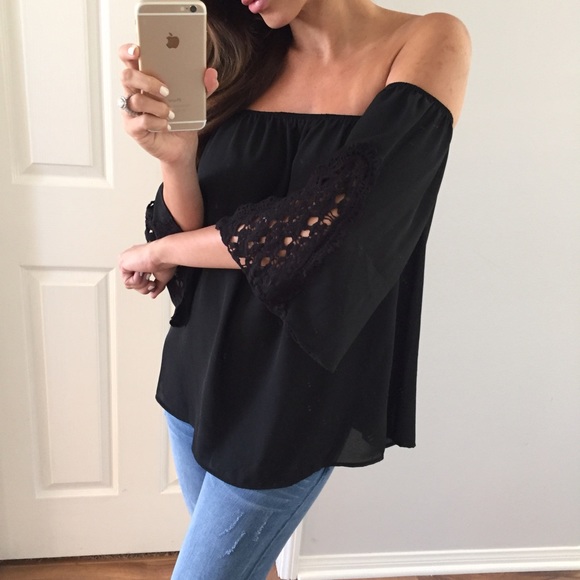 SOLD OUT • Black Shoulder Show Off Crochet Top - Picture 3 of 4