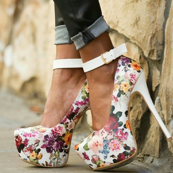 White floral ankle strap heel