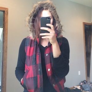 Plaid Puffy Vest with Hood