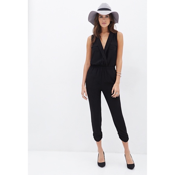 Forever21 black jumpsuit surplice collar