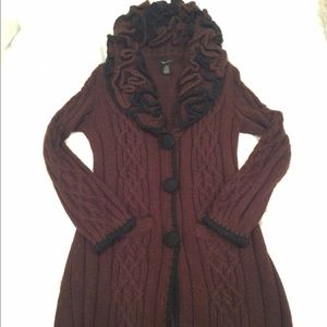 Floral necklined, long, brown knit sweater