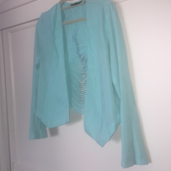 Teal Last Kiss blazer with frayed back, size large