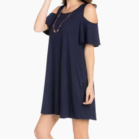 Navy Cold Shoulder Dress with Pockets - Picture 2 of 2
