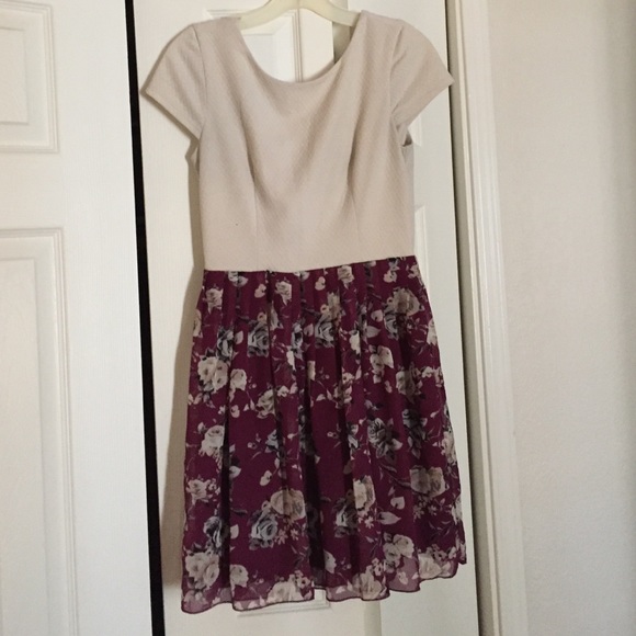 Cream and wine-colored dress with floral print