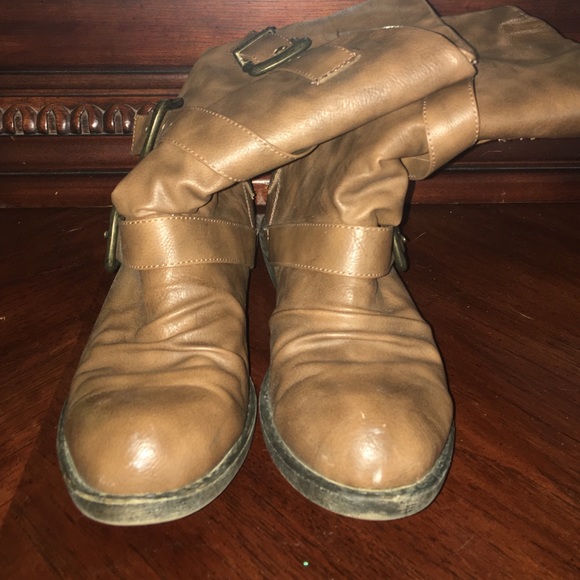 Brown mid calf boot with buckles