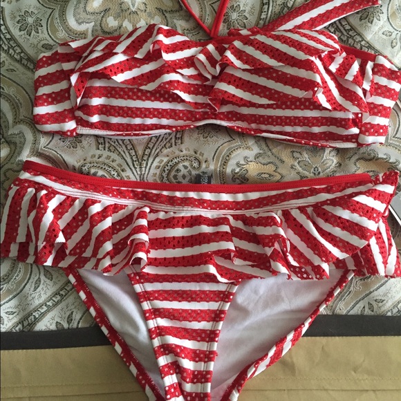 Red white Kenneth Cole ruffled bikini
